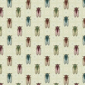 Vintage Cicadas on Light Citrine Green Tiles - medium