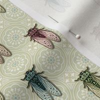 Vintage Cicadas on Light Citrine Green Tiles - small