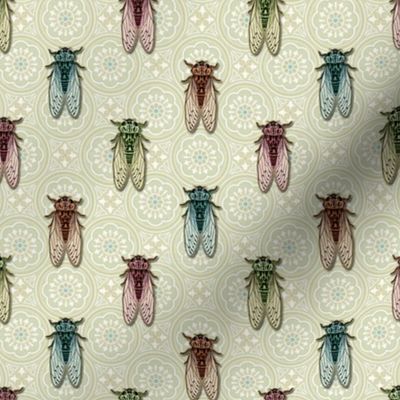 Vintage Cicadas on Light Citrine Green Tiles - small