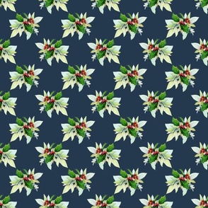 Smaller Scale Holly and Ivy Christmas Holiday Floral on Navy