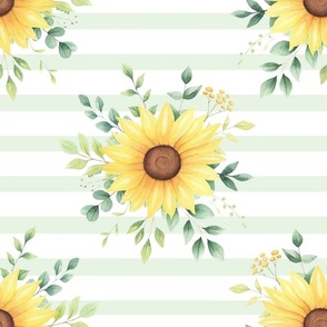 Large Scale Sunflower Bouquet on Light Green and White Stripes