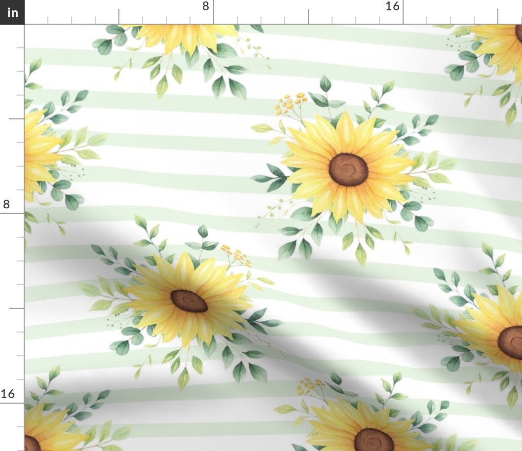Large Scale Sunflower Bouquet on Light Green and White Stripes