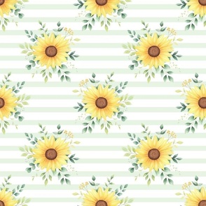 Medium Scale Sunflower Bouquet on Light Green and White Stripes