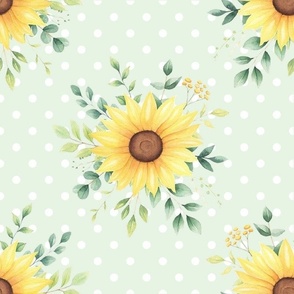 Large Scale Sunflower Bouquet on Light Green with White Polkadots