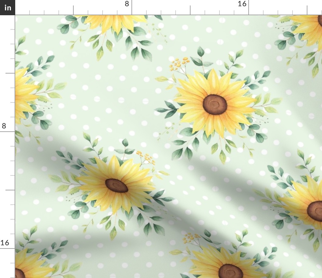 Large Scale Sunflower Bouquet on Light Green with White Polkadots