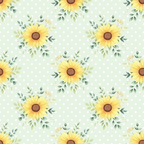 Medium Scale Sunflower Bouquet on Light Green with White Polkadots