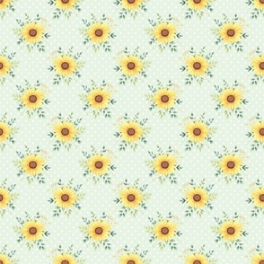 Small Scale Sunflower Bouquet on Light Green with White Polkadots