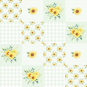 Patchwork 6" Square Cheater Quilt Sunflowers on Light Green with Stripes Gingham and Polkadots