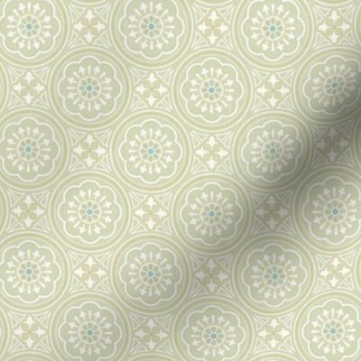 Decorative Victorian style vintage tiles in light citrine green -medium