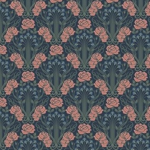 Edgewater Damask small: Navy and Copper Pink Art Nouveau Floral 