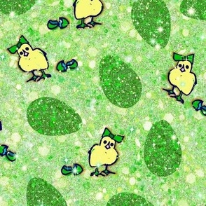 Green Easter Eggs and Chicks -- Green Easter Chicks and Green Eggs Over Pastel Green Faux Glitter -- 60.42in x 25.00in repeat -- 150dpi (Full Scale) 