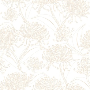 Chrysanthemums Florals - Buff on White - 24" repeat
