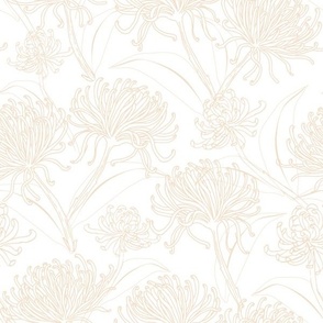 Chrysanthemums Florals - Buff on white - 12" Repeat