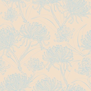 Chrysanthemums Florals - Sky Blue on Buff - 24" Repeat