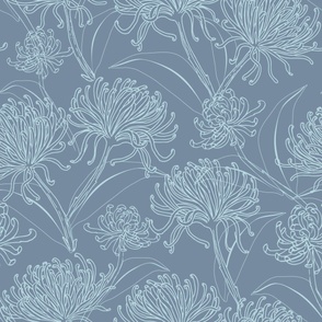Chrysanthemums Florals - Baby Blue on Mid Blue - 24" Repeat