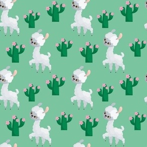 Kids Cute Girly Llama & Cute Summer Cactus | Seamless Pattern on Mint Green