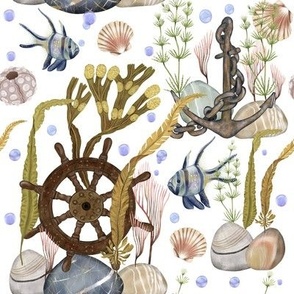Coastal Harmony | Nautical decor | seashells, tropical fish, seaweed, Lavender Pearls, ships anchor & helm