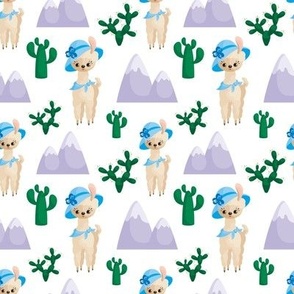 Kids Momma Llama, Winter Mountains & Cute Cactus | Seamless Pattern on Pure Snow White