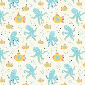 Under the Sea | Children's Tan Sand | Giant Octopus & Toy Submarine Repeat Pattern