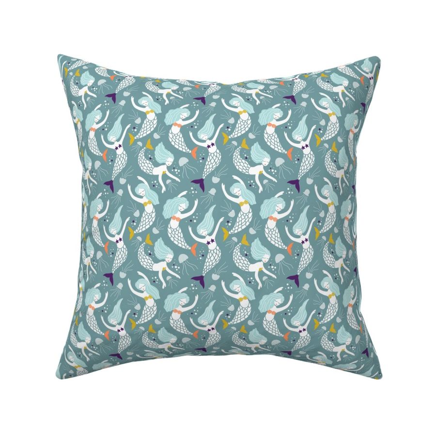 Under the Sea | Girl Marine Teal | Beautiful Mermaid & Jelly Fish Repeat Pattern