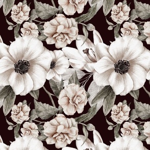 Antique Vintage | White Florals & Peonies | Dark Chocolate Autumn Brown