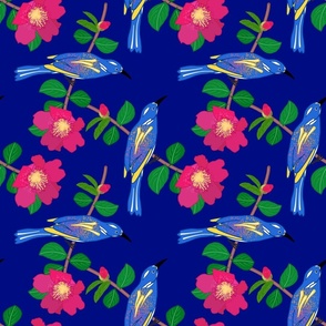 Camellia Birdsong Chinoiserie (buds) - midnight blue, medium 