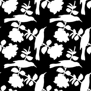 Camellia Birdsong Chinoiserie (buds) - white silhouettes on black, medium 