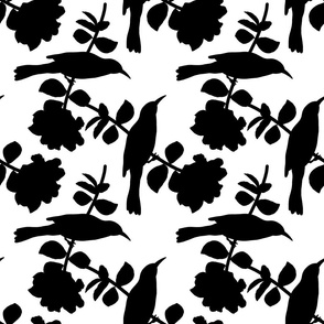 Camellia Birdsong Chinoiserie (buds) - black silhouettes on white, medium 