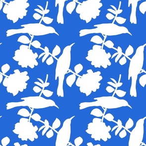 Camellia Birdsong Chinoiserie (buds) - white silhouettes on azure blue, medium 