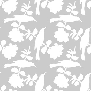 Camellia Birdsong Chinoiserie (buds) - white silhouettes on silver grey, medium 
