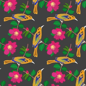 Camellia Birdsong Chinoiserie (buds) - inverse on charcoal grey, medium 
