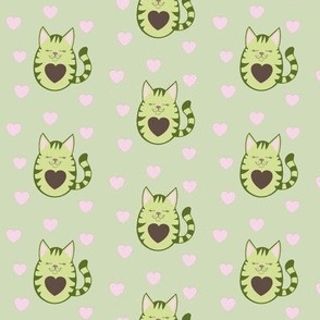 Tabby avocatos and hearts on pale green