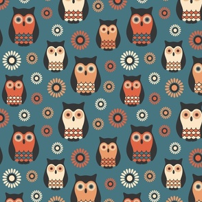 Retro owls flowers dusted blue