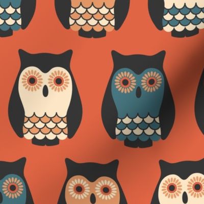 Owls terracotta orange repeat retro Fabric