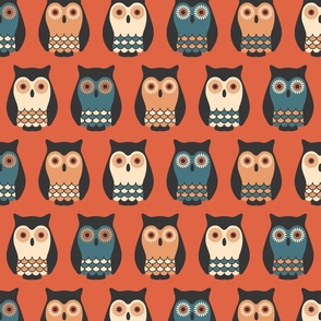 Owls terracotta orange repeat retro Fabric