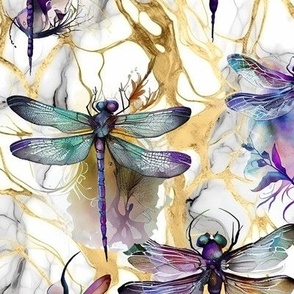 DRAGONFLIES ON WHITE AND GOLD MARBLE FLWRHT