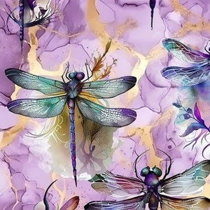 DRAGONFLIES ON PURPLE AND GOLD MARBLE FLWRHT