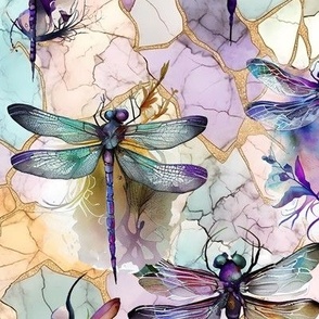 DRAGONFLIES ON PASTEL COLORS AND GOLD MARBLE FLWRHT