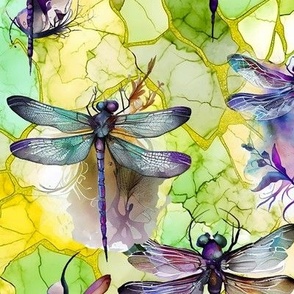 DRAGONFLIES ON BRIGHT YELLOW GREEN COLORS MARBLE FLWRHT