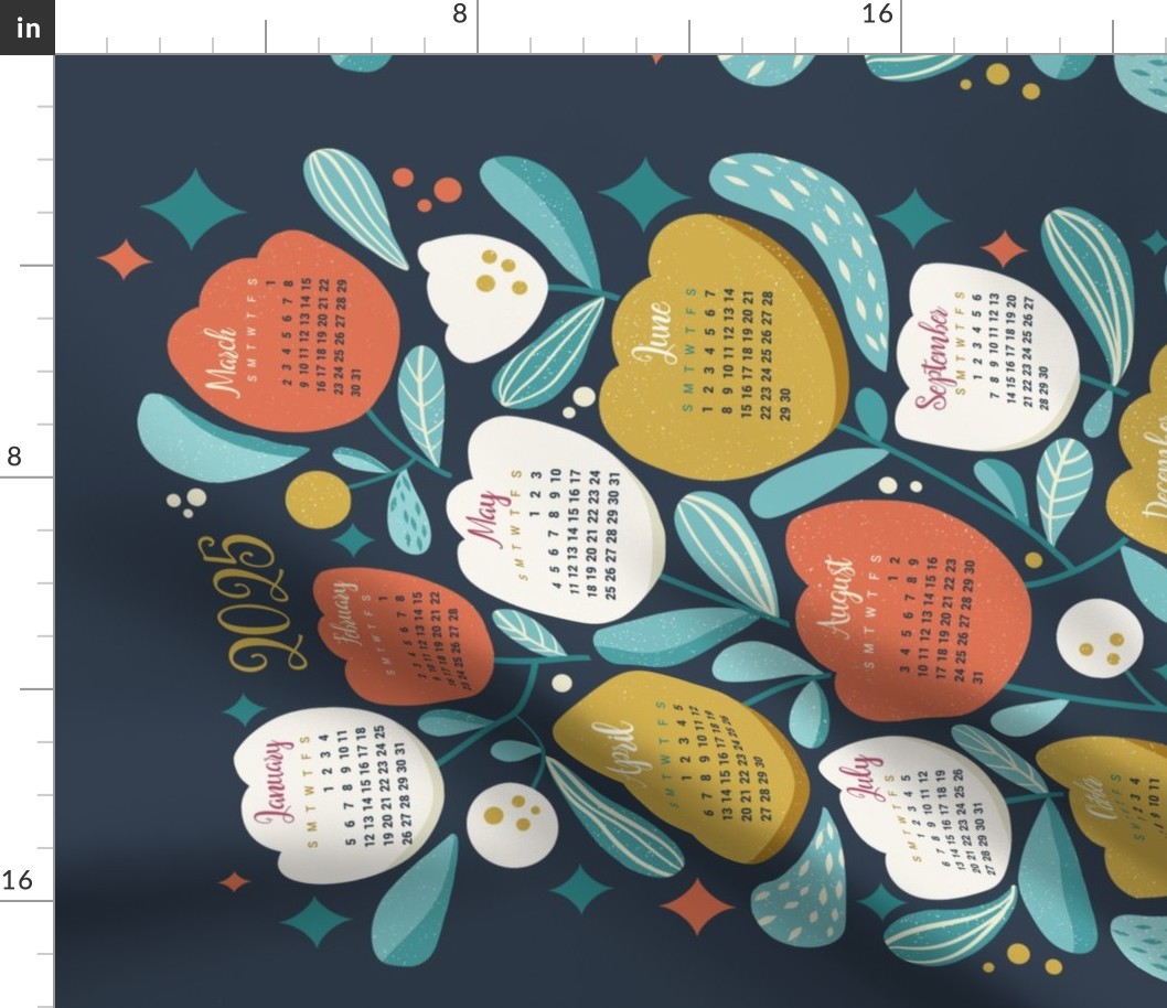 Tulips Retro // Calendar 2024 // Orange yellow navy // Floral