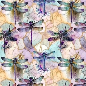 SMALL DRAGONFLIES ON PASTEL COLORS AND GOLD MARBLE FLWRHT