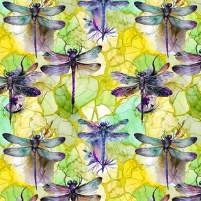 SMALL DRAGONFLIES ON BRIGHT YELLOW GREEN COLORS MARBLE FLWRHT