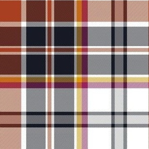 Cozy fall / winter plaid, warm colors of rust, mustard, pink, black and white 