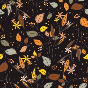 Autumn leaves, berries and flowers - fall themed pattern