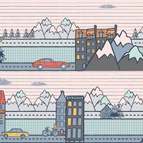 (large scale) retro city near the mountains landscape