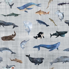 shark and whale grey linen
