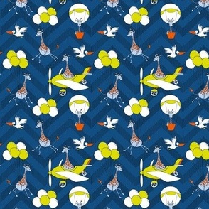 flying safari chevron - blue - small scale: giraffes, pelicans, balloons and planes