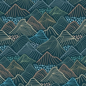 Line Art Mountains in Green, Brown and Blue on forest green - medium