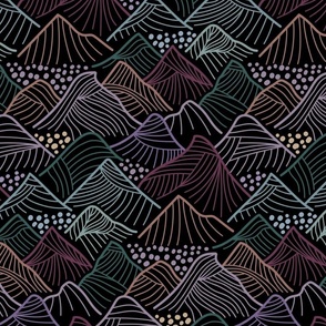 Line Art Mountains in Maroon, Green, Clay and Purples on black - medium