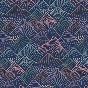 Line Art Mountains in mauves, purple, coral, green and navy blue - medium